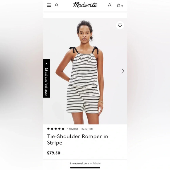 Madewell Tie Shoulder Romper in Stripe Pockets Size Small - Picture 2 of 9